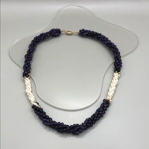 Vintage amethyst gemstone rice pearls woven necklace 14k gold clasp and beads.
